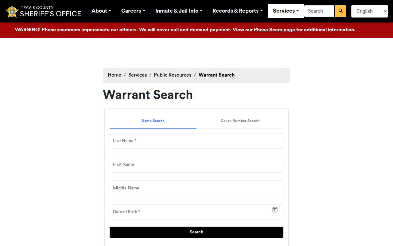 Travis County warrant search interface from the Sheriff's Office